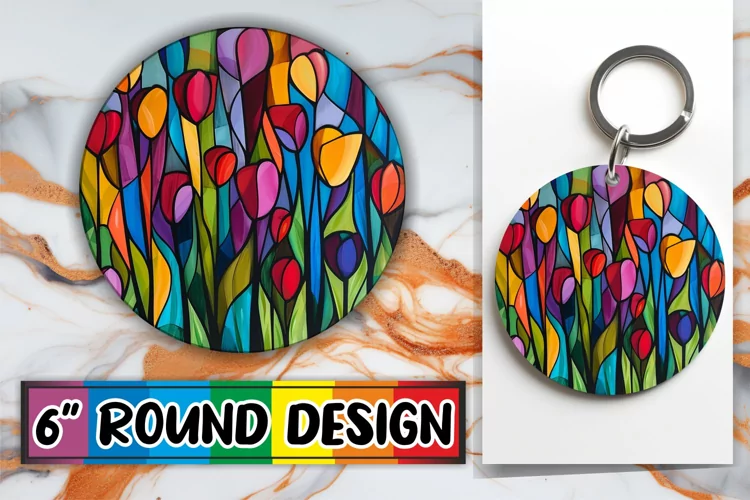Stained Glass Tree Keychain Colorful Round Design Art