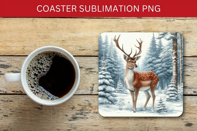 square coaster - deer in snowy forest