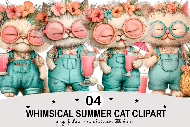 Whimsical Summer Cat Clipart Watercolor png