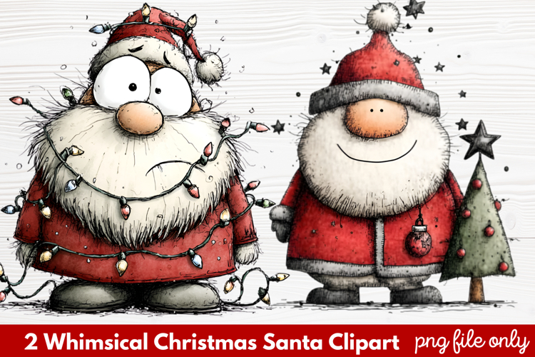 2 Whimsical Christmas Santa Clipart | Cute Santa PNG