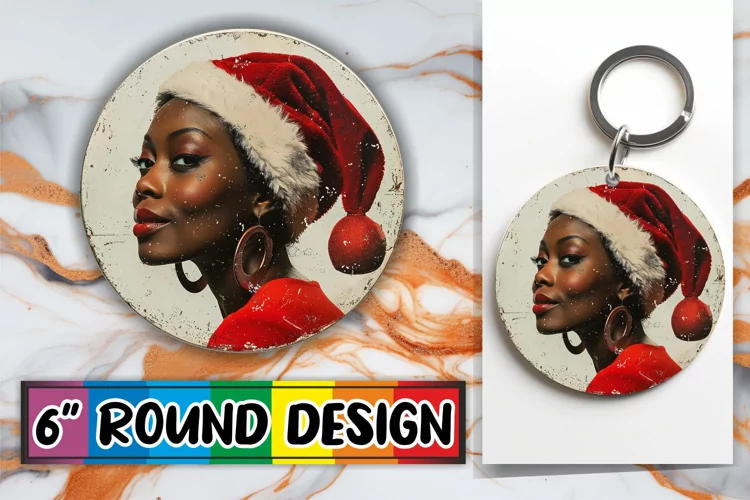 Keychain Winter Holiday Round Design with Woman Portrait