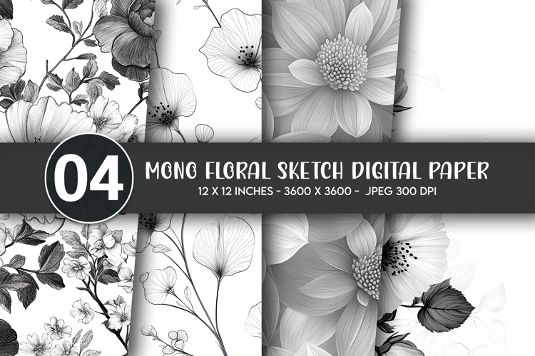 Mono Floral Sketch Digital Paper