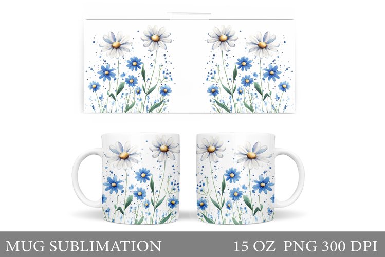 Flowers Mug Sublimation. Daisy Flowers Mug Wrap Design example image 1