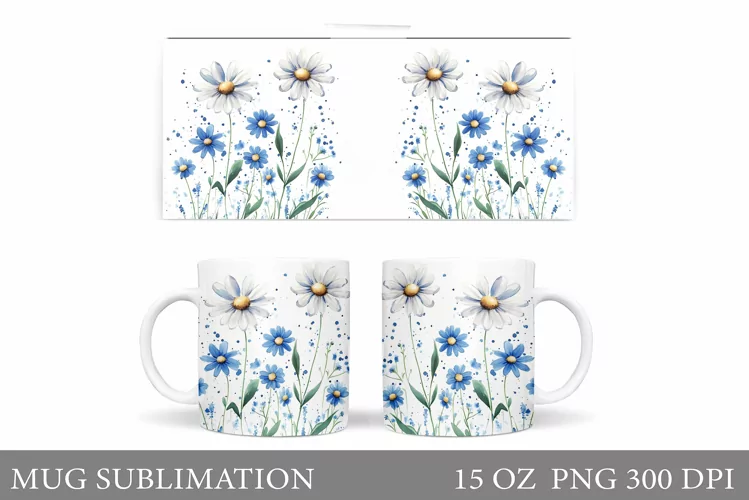 Flowers Mug Sublimation. Daisy Flowers Mug Wrap Design
