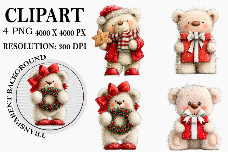 Whimsical Christmas Teddy Bear Clipart Watercolor PNG