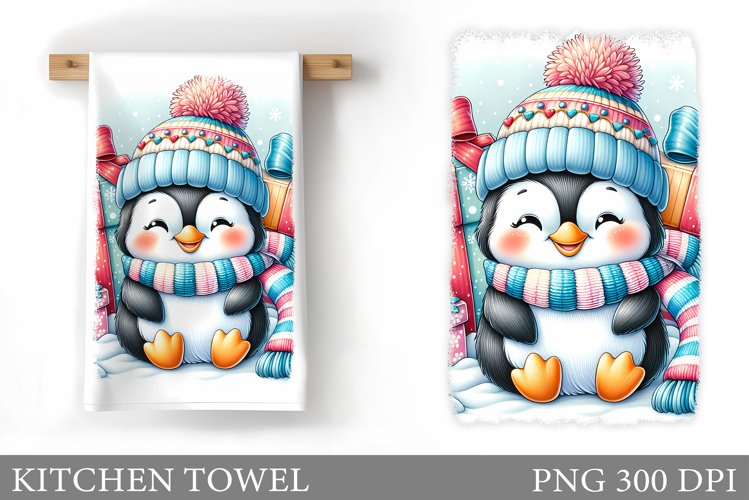 Cute Penguin Kitchen Towel. Christmas Kitchen Towel Design example image 1