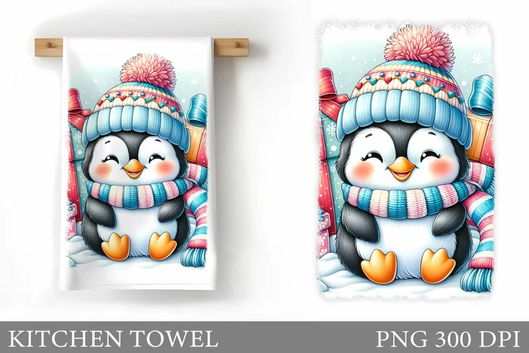 Cute Penguin Kitchen Towel. Christmas Kitchen Towel Design