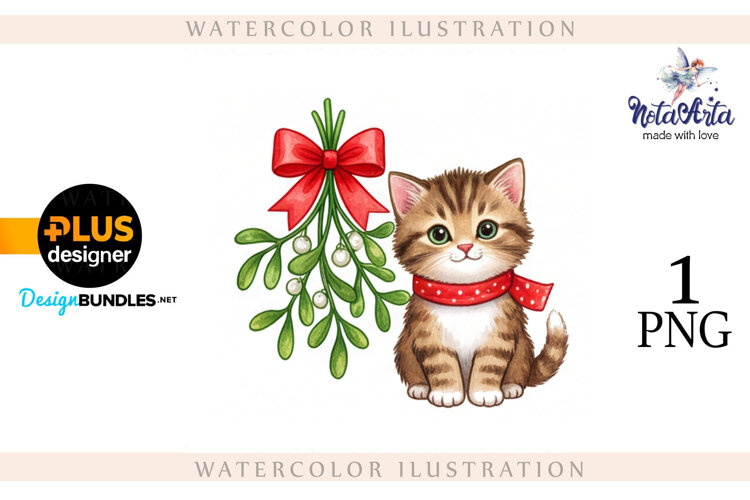 Christmas Kitten in Watercolor Style example image 1