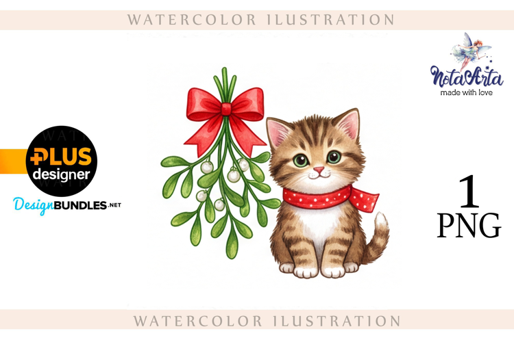 Christmas Kitten in Watercolor Style