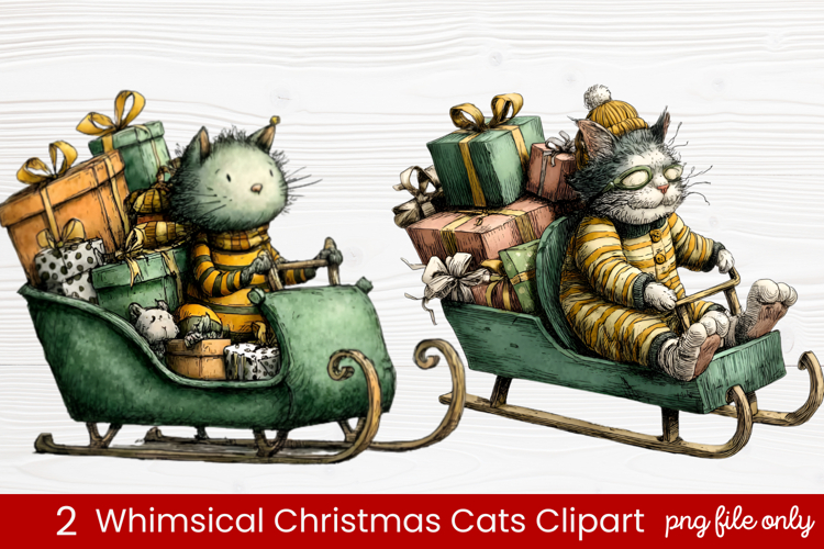 2 Whimsical Christmas Cats Clipart | Cute Festive Cat PNG