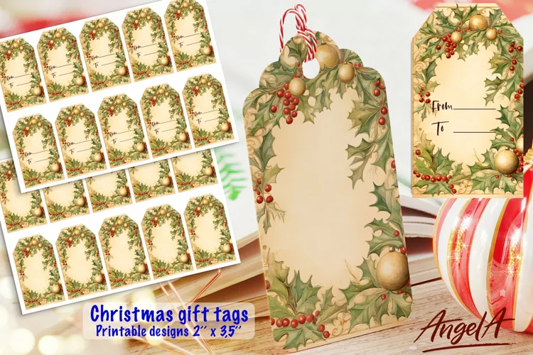 Retro Christmas printable tags, retro Christmas poinsettia