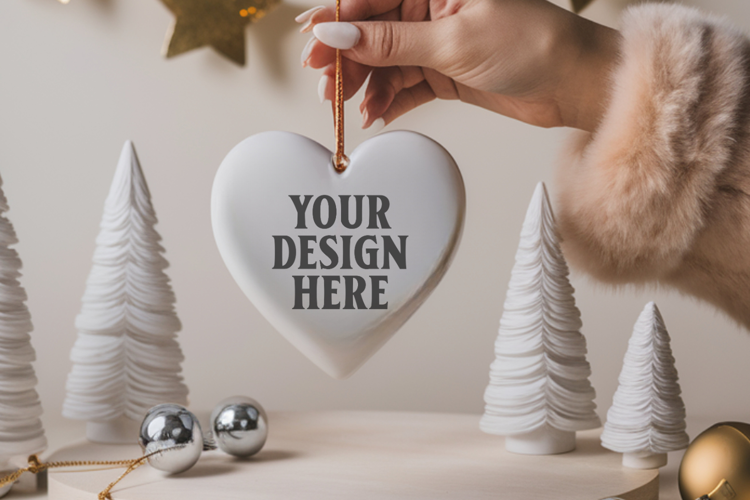 Romantic Christmas Ceramic Heart Ornament Mockup | Holiday