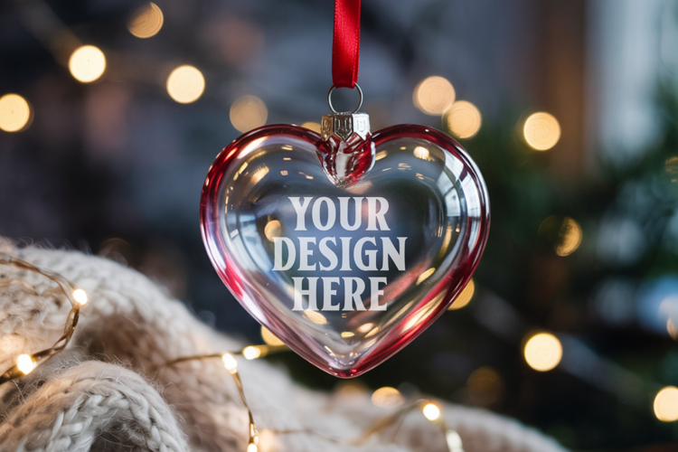 Christmas Heart Crystal Glass Ornament Mockup | Clear Heart