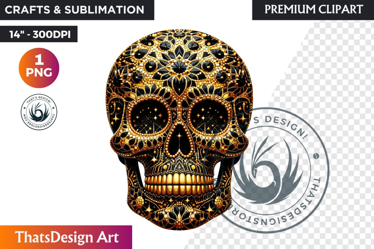 Floral Black Gold Sugar Skull Day of the Dead Clipart PNG