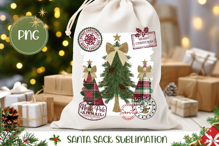 Rustic Christmas Tree Santa Sack PNG, Merry Christmas Bag