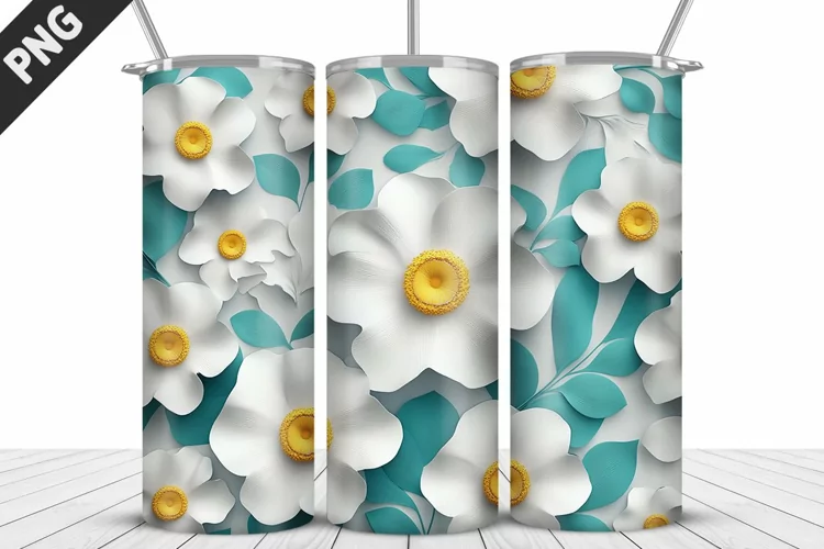 3D White Flowers Tumbler Wrap | Sublimation Design | Tumbler