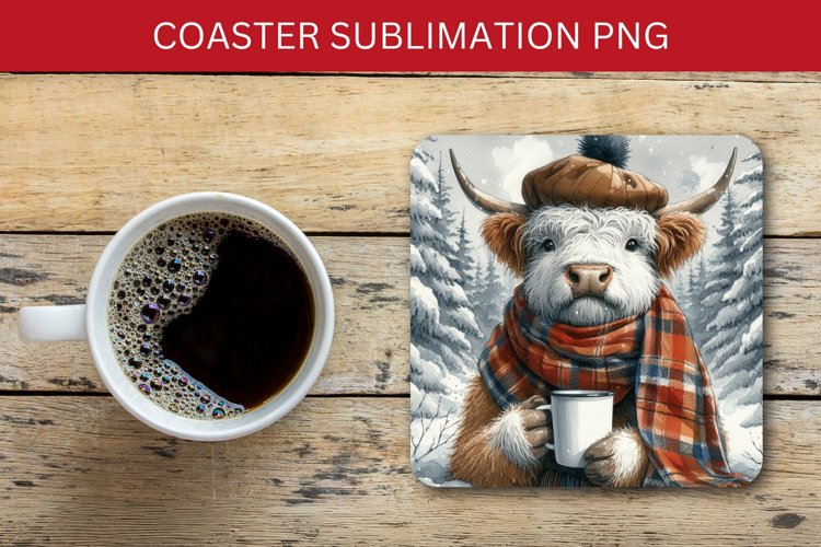 square coaster - highland cow and coffee example image 1