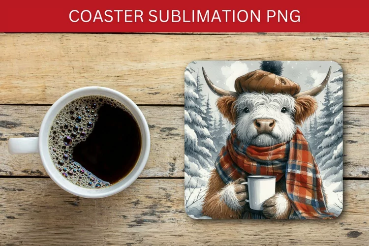 square coaster - highland cow and coffee