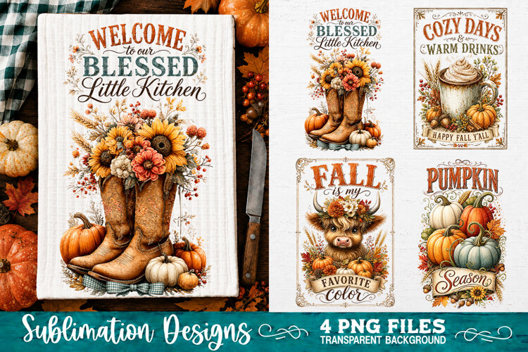 Fall Kitchen Towels PNG Sublimation Designs 4 Files example image 1