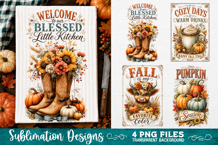 Fall Kitchen Towels PNG Sublimation Designs 4 Files