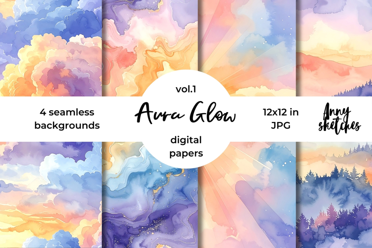Aura Glow Pastels Digital Paper Watercolor Seamless Pattern