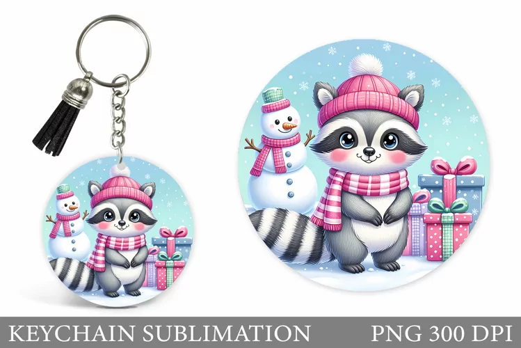 Christmas Raccoon Keychain. Christmas Keychain Sublimation