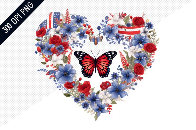 Butterfly And Floral Heart - 4Th Of July Sublimation Design
