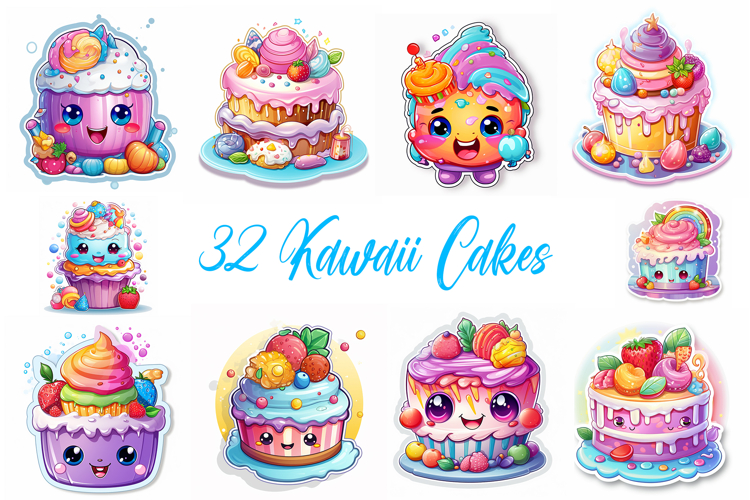 32 Kawaii Cake Sticker Idea Logo Illustration Designs