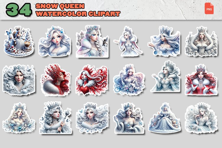 34 Snow Queen Watercolor Clipart PNG Sticker Bundle example image 1