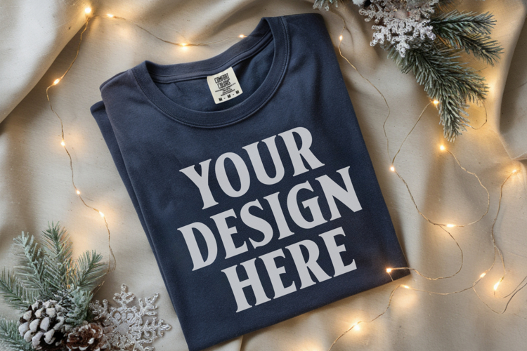 True Navy Comfort Colors 1717 Christmas Folded T-Shirt Mock