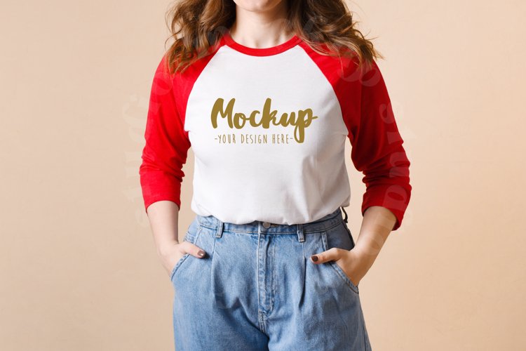 3200 Bella Canvas Red White Raglan Mockup | Model Mockup