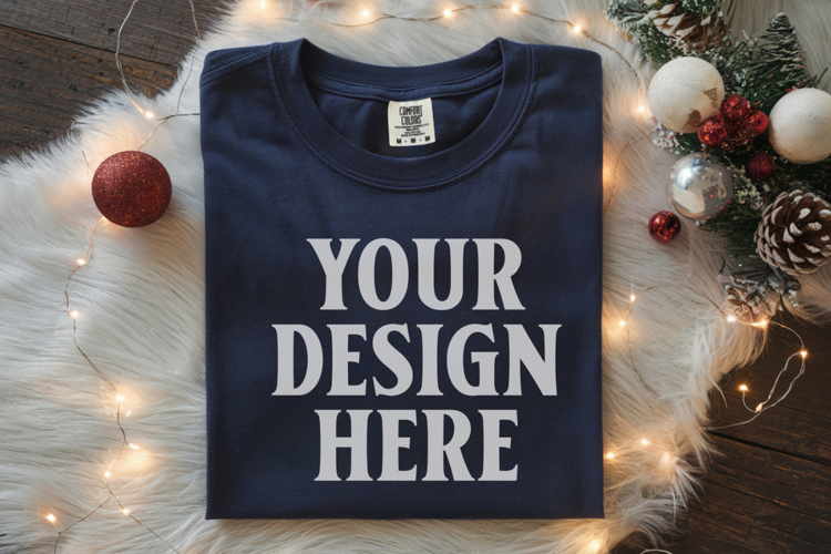 True Navy Comfort Colors 1717 Christmas Folded T-Shirt Mock