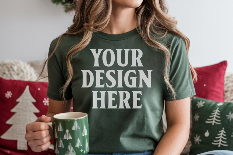 Christmas Bella Canvas 3001 Forest Green Shirt Mockup ,Trand