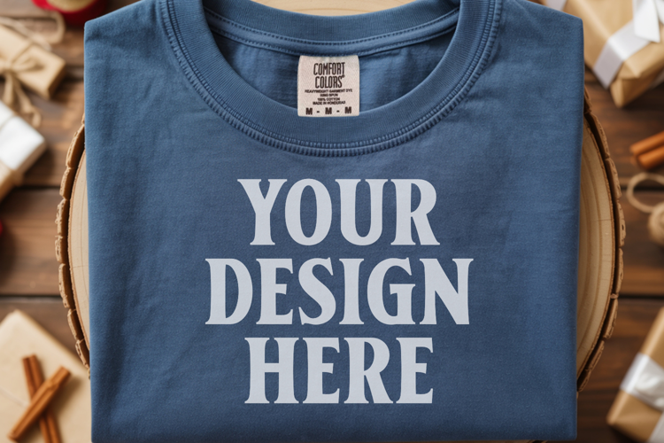 True Navy Comfort Colors 1717 Christmas Folded T-Shirt Mock