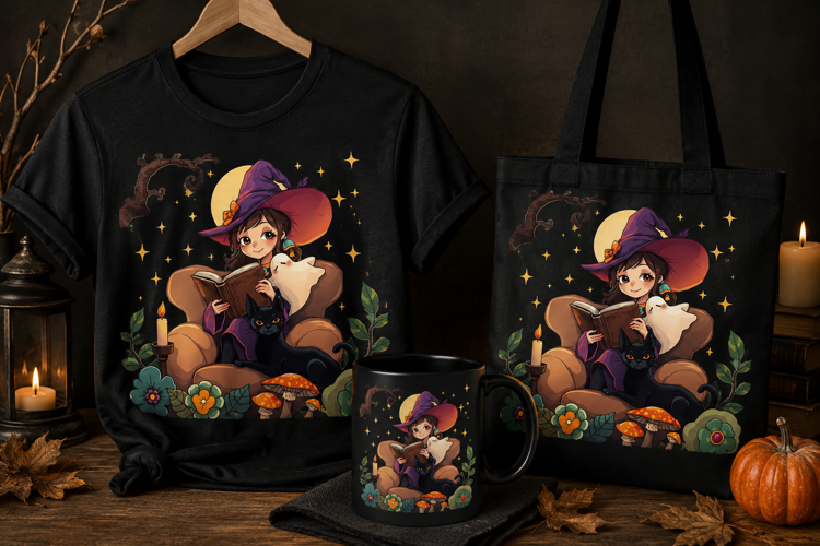 Witch Reading Book PNG | Cute Halloween Witch & Cat Clipart