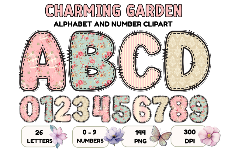 Charming Garden Doodle Alphabet PNG Letters & Numbers 300DPI
