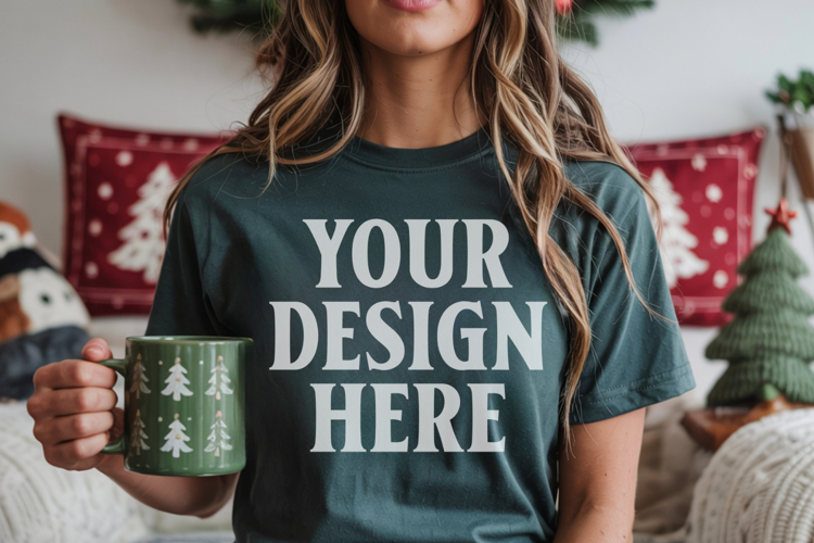 Christmas Bella Canvas 3001 Forest Green Shirt Mockup ,Trand