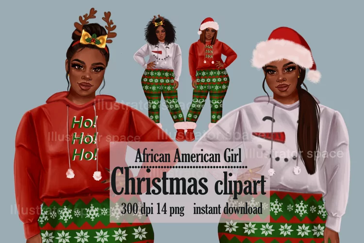 African Amrican girl clipart, Plus size girl clipart, Xmas