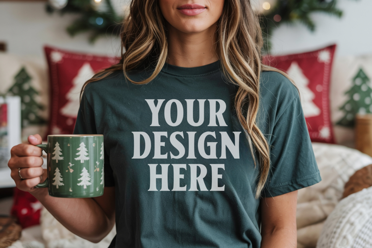Christmas Bella Canvas 3001 Forest Green Shirt Mockup ,Trand