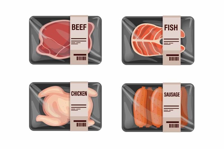Raw Meat variation in plastic container wrap symbol icon set example image 1