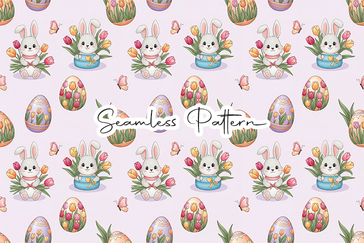 Easter Bunny Tulip Eggs Seamless Pattern