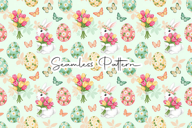 Floral Easter Bunny Seamless Pattern (6645290)