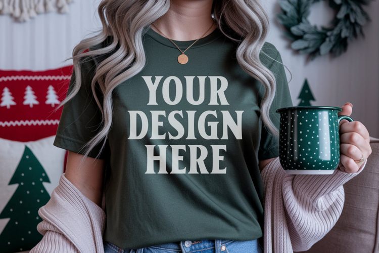 Christmas Bella Canvas 3001 Forest Green Shirt Mockup ,Trand