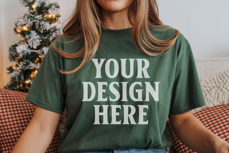 Christmas Bella Canvas 3001 Forest Green Shirt Mockup ,Trand