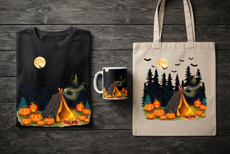 Spooky Forest Camping Halloween Tent Design with Pumpkins