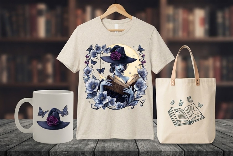 Gothic Witch Reading Book PNG | Moon & Floral Halloween