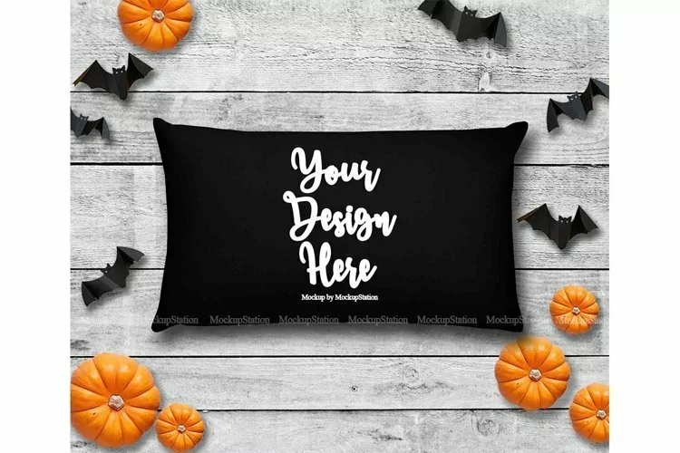 Halloween Black Throw Pillow Mockup, Rectangle Fall Cushion