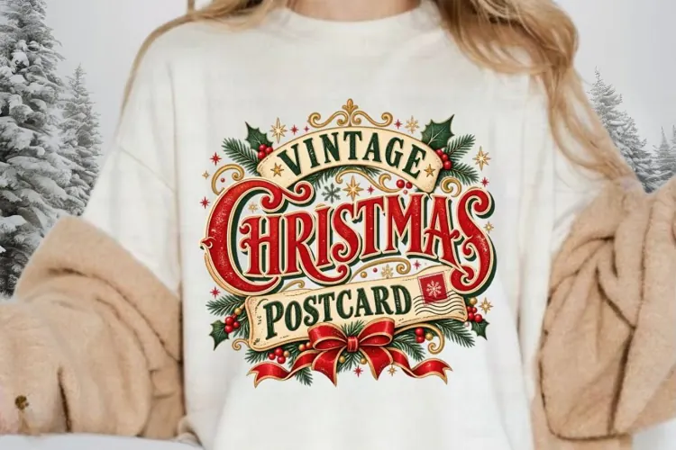 Vintage Christmas Postcard Antique Holiday Typography PNG