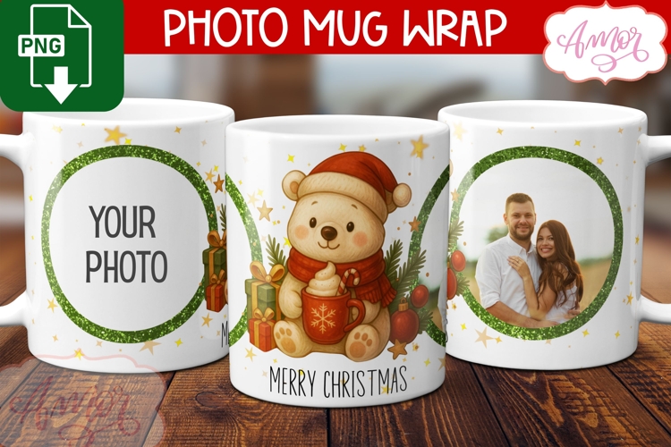 Merry Christmas photo mug wrap PNG, Polar bear mug template