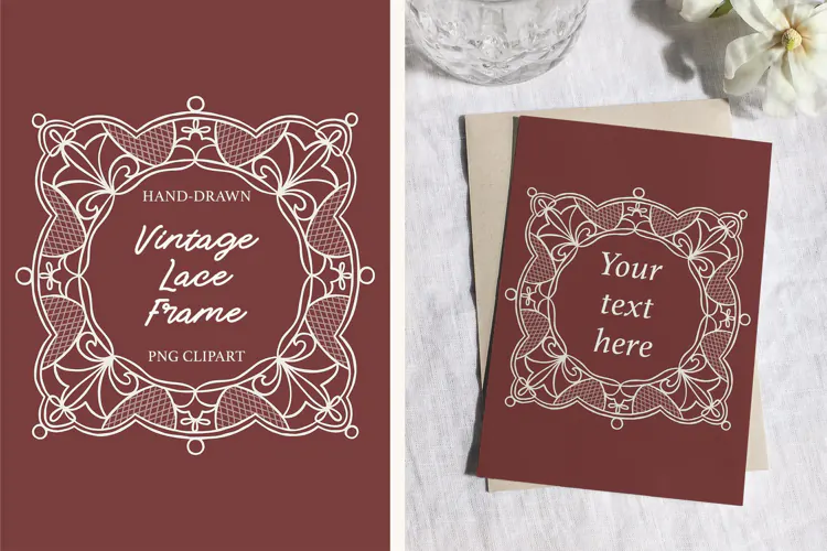 Hand-Drawn Vintage Lace Frame Clipart for Wedding Designs